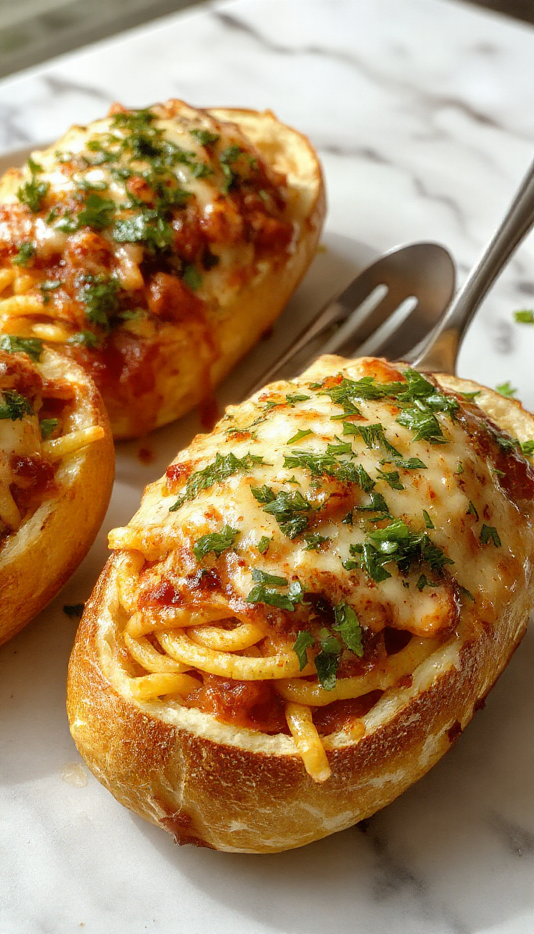 A close-up image of spaghetti stuffed inside crispy garlic bread boats, garnished with fresh herbs and melted cheese.