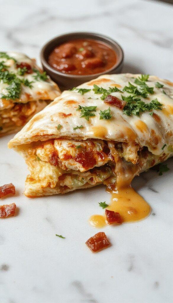 A delicious Speedy Chicken Bacon Ranch Quesadilla sliced in half, showing crispy bacon, melted cheese, and tender chicken inside a golden tortilla.