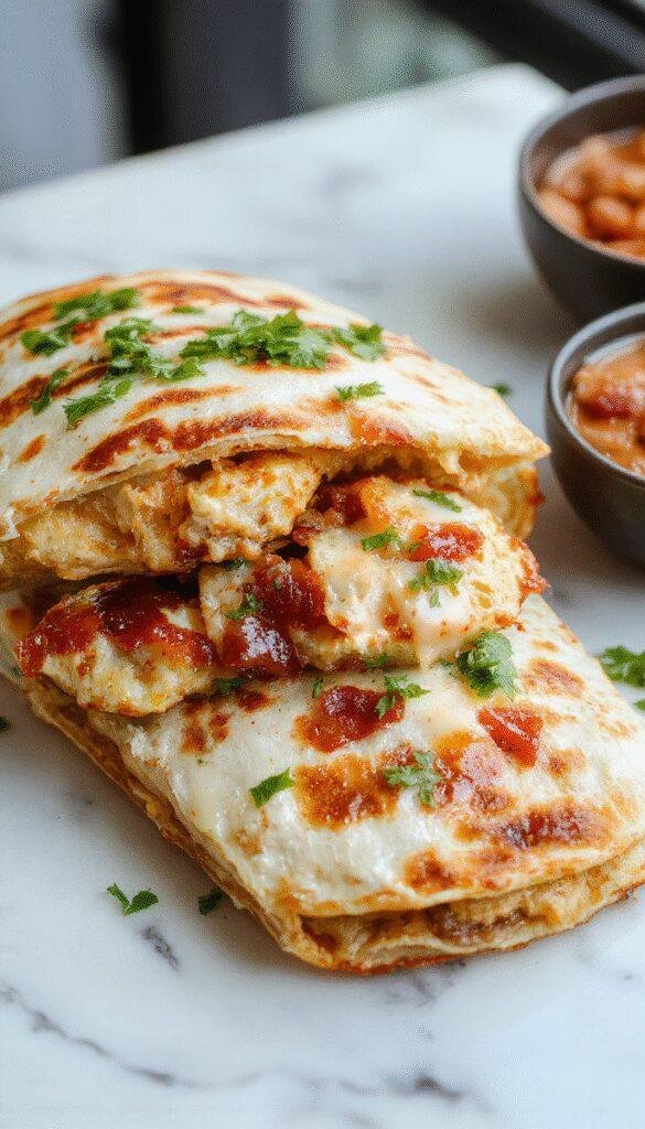 A plate of Speedy Chicken Bacon Ranch Quesadillas with melted cheese, crispy bacon, and fresh herbs, served with a side of salsa.