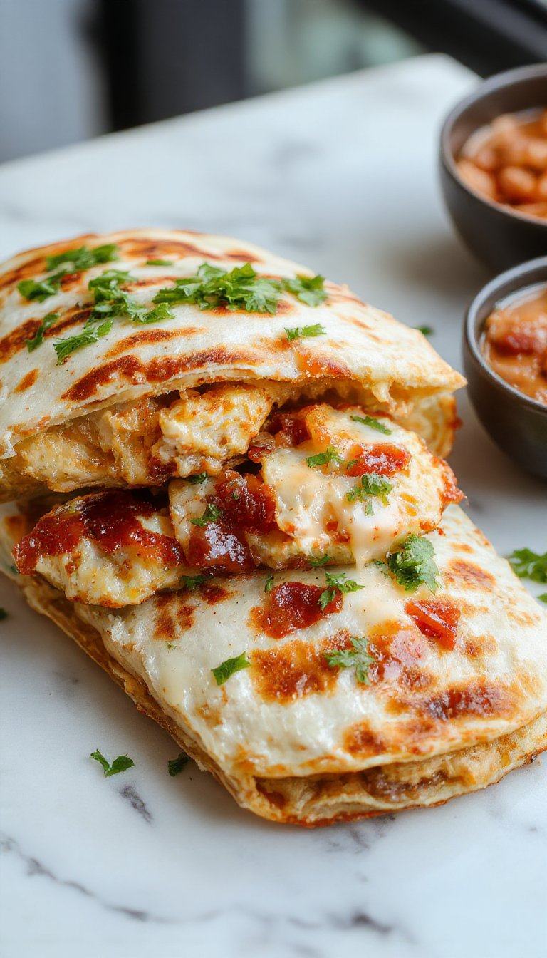 A plate of Speedy Chicken Bacon Ranch Quesadillas with melted cheese, crispy bacon, and fresh herbs, served with a side of salsa.