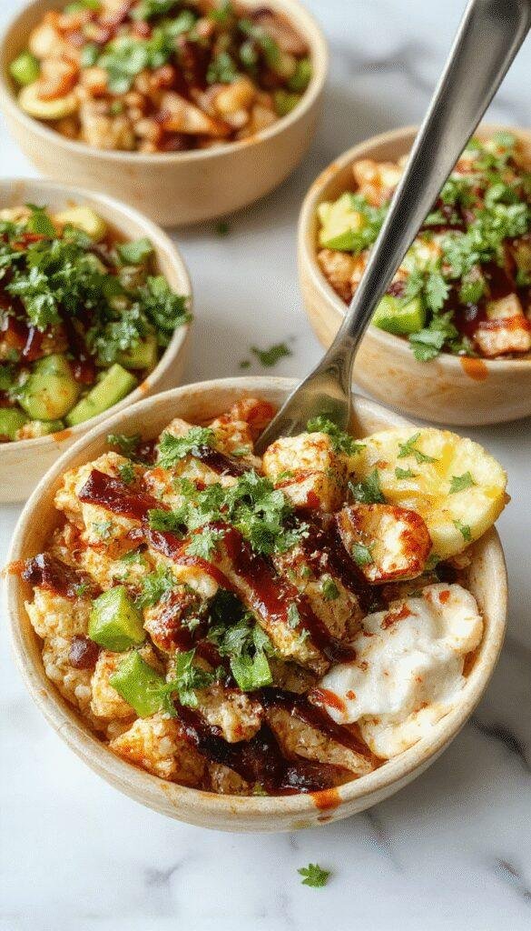 A vibrant bowl of taco rice topped with fresh lettuce, tomatoes, shredded cheese, and sour cream, served with a side of crispy tortilla chips.