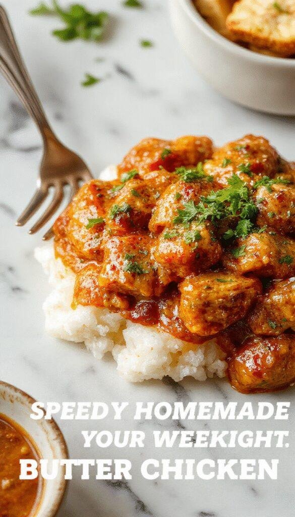 A plate of vibrant butter chicken garnished with fresh cilantro and served with steamed rice, perfect for a quick weeknight dinner.