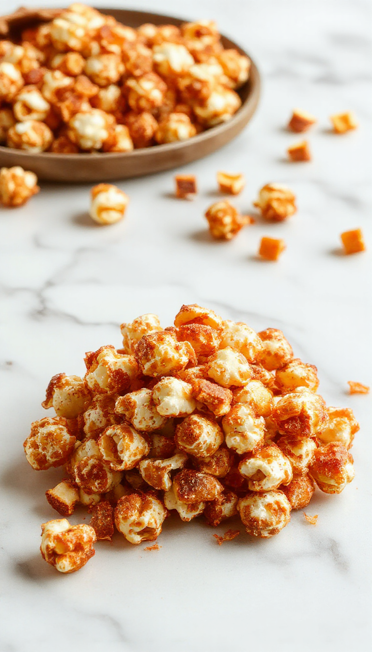A bowl of Spiced Harvest Caramel Corn with toasted corn, sprinkled spices, and caramel coating, set on a rustic wooden table.