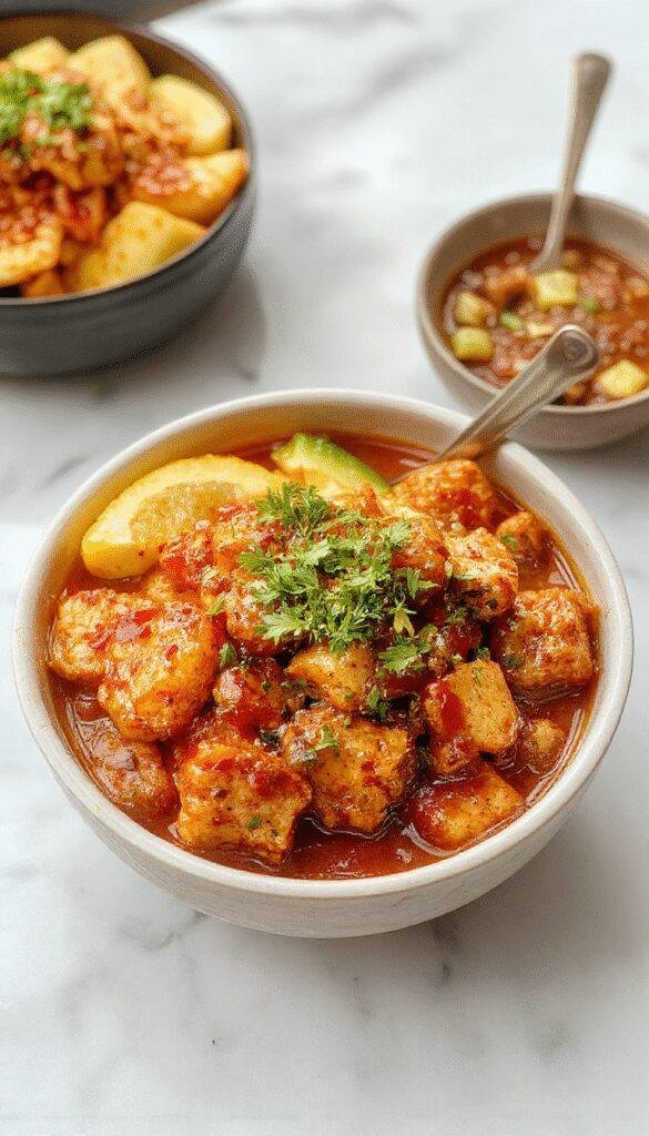 A vibrant, colorful chicken bowl featuring crispy fried chicken pieces coated in a spicy orange sauce, topped with chopped green onions and sesame seeds, served over fluffy white rice with fresh vegetables and garnished with a drizzle of sauce, styled on a rustic wooden table.