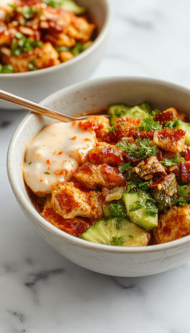 A vibrant chicken bowl featuring golden-brown crispy chicken pieces topped with a glossy spicy sauce, colorful sliced vegetables, and garnished with fresh herbs, arranged on a rustic plate with a side of sesame seeds and green onion for a flavorful, eye-catching presentation.