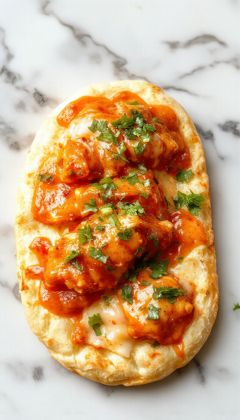 A vibrant flatbread topped with tender shredded buffalo chicken, melted cheese, and drizzled with spicy buffalo sauce. The flatbread is garnished with fresh green cilantro and scallions, displayed on a rustic wooden board with a side of celery sticks and a small bowl of blue cheese dressing. The colors are warm and inviting, with the crispy edges of the flatbread contrasting the gooey toppings, styled for a casual yet appetizing presentation.