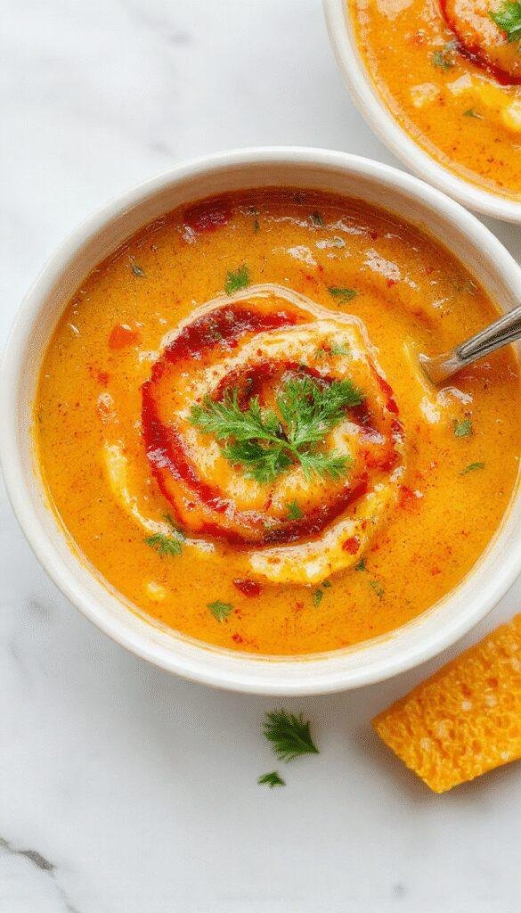 A vibrant bowl of spicy butternut squash and sweet potato soup topped with fresh herbs and a swirl of cream, surrounded by slices of toasted bread and colorful garnishes, with a warm, inviting background.