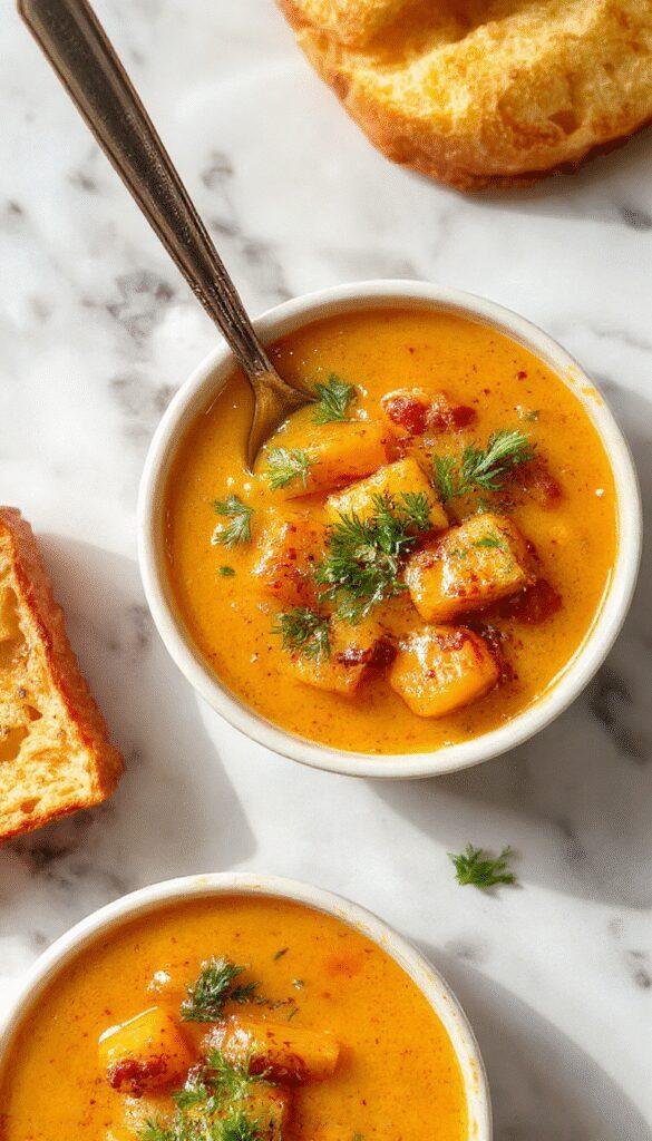 A vibrant bowl of spicy butternut squash and sweet potato soup with a smooth, velvety texture. Garnished with a swirl of coconut cream, a sprinkle of red chili flakes, and freshly chopped cilantro. The bowl is placed on a rustic wooden table with a warm, inviting atmosphere, showcasing the rich orange and golden hues of the soup. Nearby, a crusty bread slice adds rustic charm.