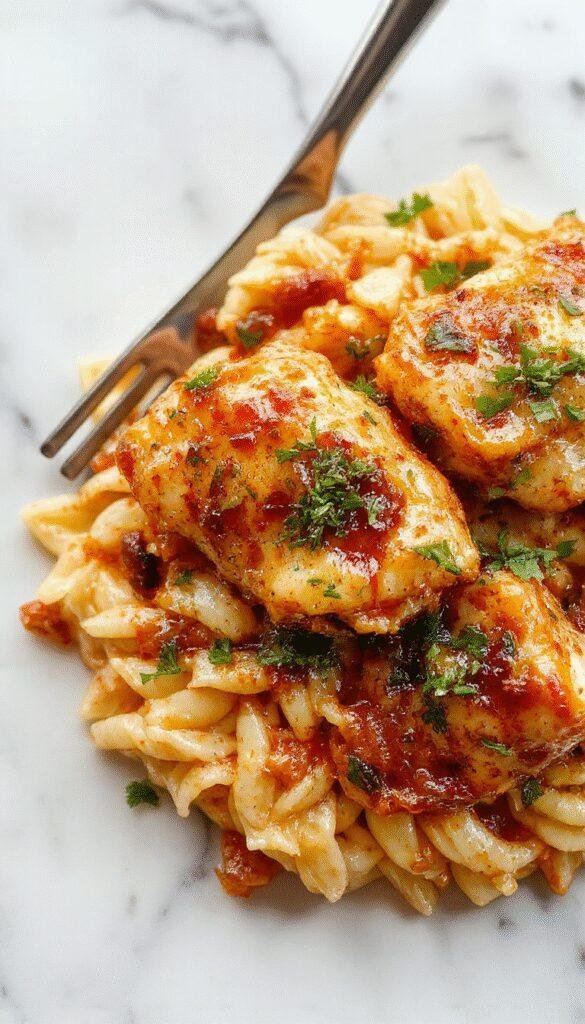 A vibrant plate of Cajun chicken orzo showcasing tender grilled chicken chunks coated in bold Cajun spices, served atop perfectly cooked creamy orzo pasta with colorful bell peppers and green herbs, garnished with fresh parsley, presented on a rustic white plate with a sprinkle of paprika and a side of lemon wedges.