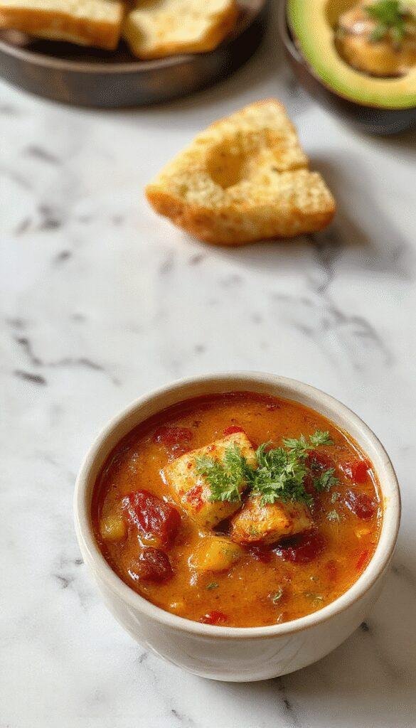 A vibrant bowl of Chile Relleno Soup featuring a rich red broth with chunks of roasted green chiles, melted cheese, and fresh herbs garnished with sliced avocado and sour cream, on a rustic wooden table with colorful Mexican textiles in the background, vibrant and inviting