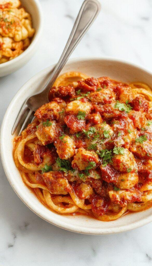 A vibrant plate of creamy Cajun chicken pasta topped with sliced grilled chicken, colorful bell peppers, and fresh parsley. The pasta has a rich, spicy sauce with a glossy texture, artfully arranged with garnishes. The background features a rustic wooden table with a fork twirling a forkful of pasta, highlighting the appealing textures and bold flavors.