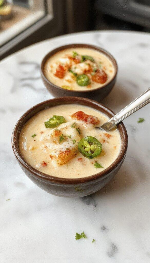A vibrant bowl of jalapeno popper soup featuring a rich, creamy texture with visible slices of fresh jalapenos, topped with melted cheese and garnished with chopped cilantro on a rustic wooden table