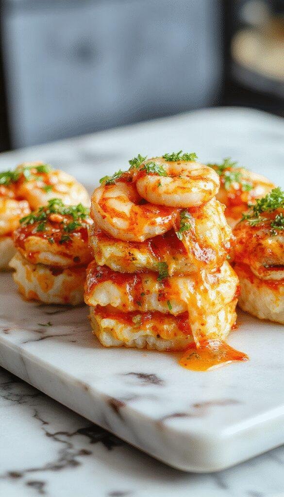 Colorful shrimp sushi stacks arranged neatly on a white plate with vibrant orange and pink shrimp, green avocado, and sesame seeds. The sushi stacks are layered artfully, showcasing freshness and textures, garnished with spicy sauce drizzles and chopped scallions for an appealing presentation.