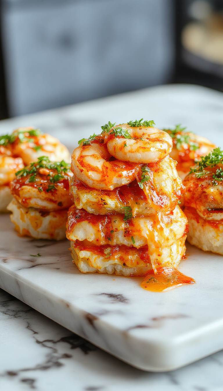 Colorful shrimp sushi stacks arranged neatly on a white plate with vibrant orange and pink shrimp, green avocado, and sesame seeds. The sushi stacks are layered artfully, showcasing freshness and textures, garnished with spicy sauce drizzles and chopped scallions for an appealing presentation.
