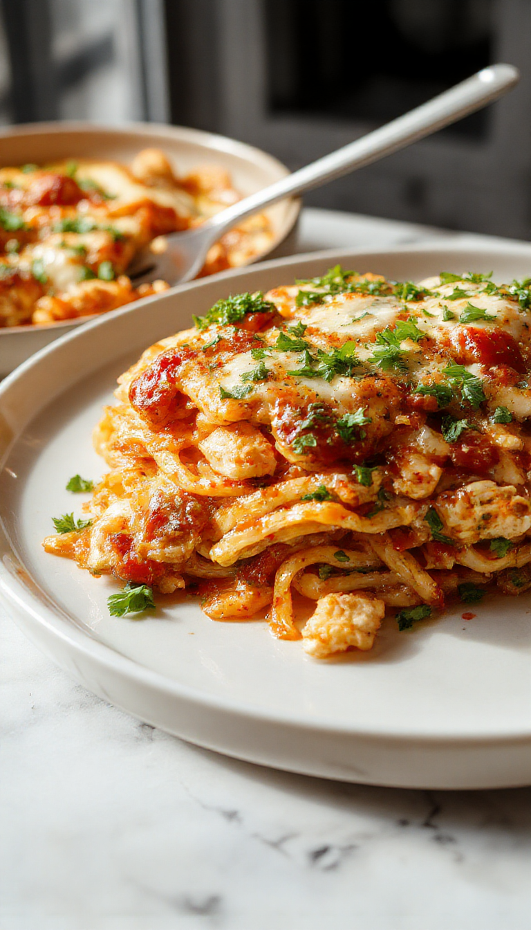 A vibrant plate of spicy southern chicken spaghetti casserole featuring golden-brown breadcrumb topping, tender shredded chicken, and a rich tomato sauce, garnished with fresh herbs on a rustic wooden table