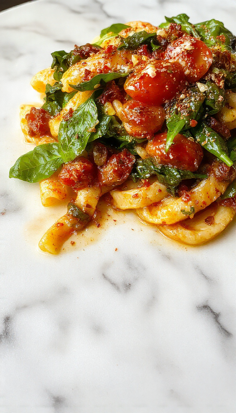 A vibrant plate of spinach and cherry tomato pasta showcasing bright green spinach leaves, juicy red cherry tomatoes, and a generous sprinkle of grated cheese on a white ceramic plate, with a drizzle of olive oil and fresh basil garnish, styled on a rustic wooden table with a blurred background