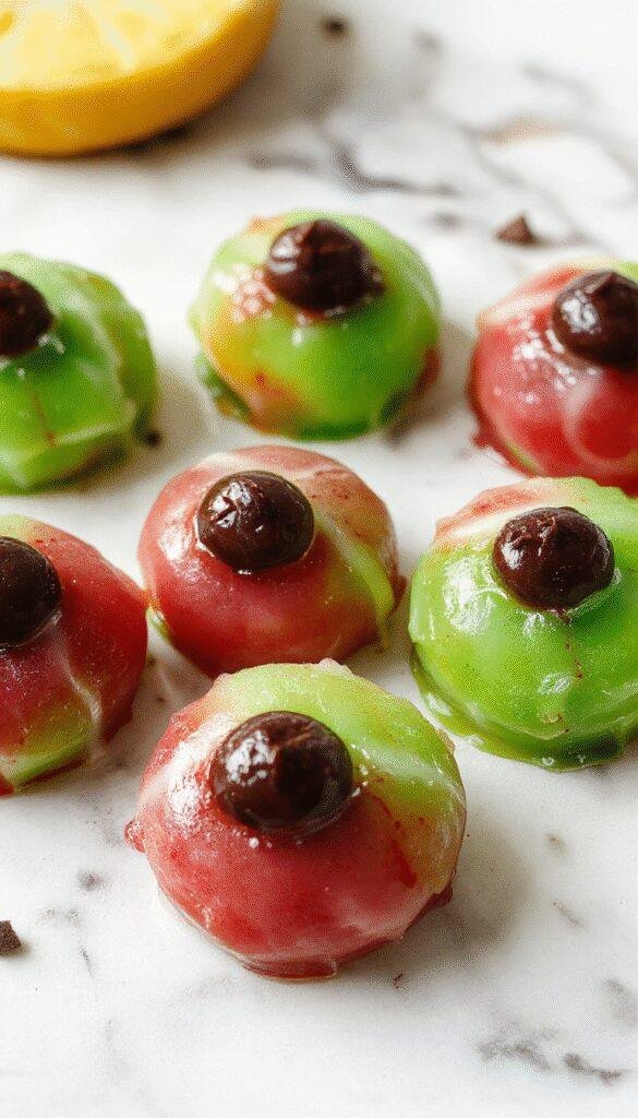 Colorful spooky eyeball Jell-O treats with vibrant red, green, and white gelatin resembling eerie eyeballs on a spooky plate.