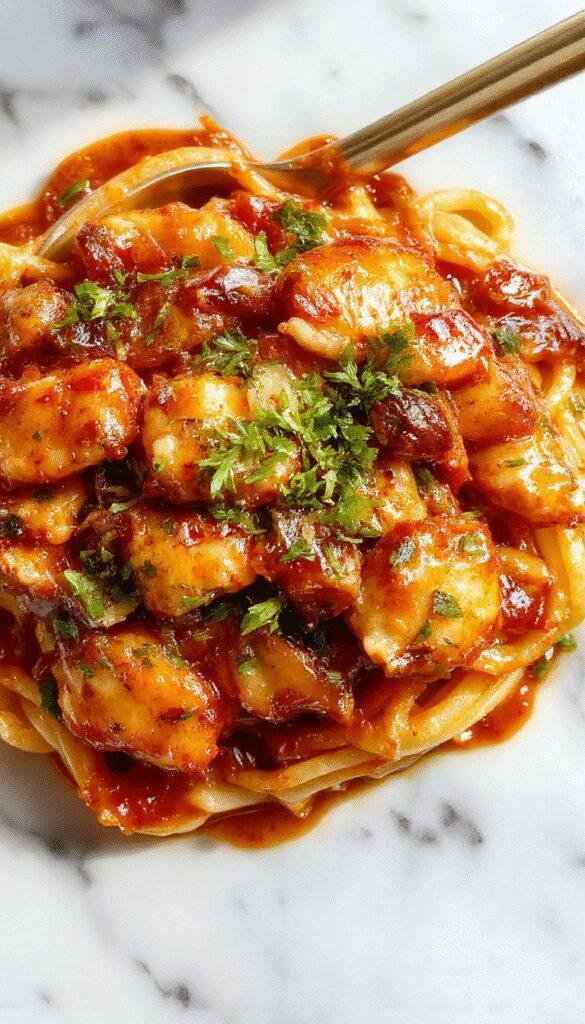 A vibrant bowl of sticky garlic chicken noodles with glossy caramelized chicken pieces and colorful vegetables on top, garnished with chopped green onions and sesame seeds, styled on a rustic wooden table with chopsticks beside the bowl.