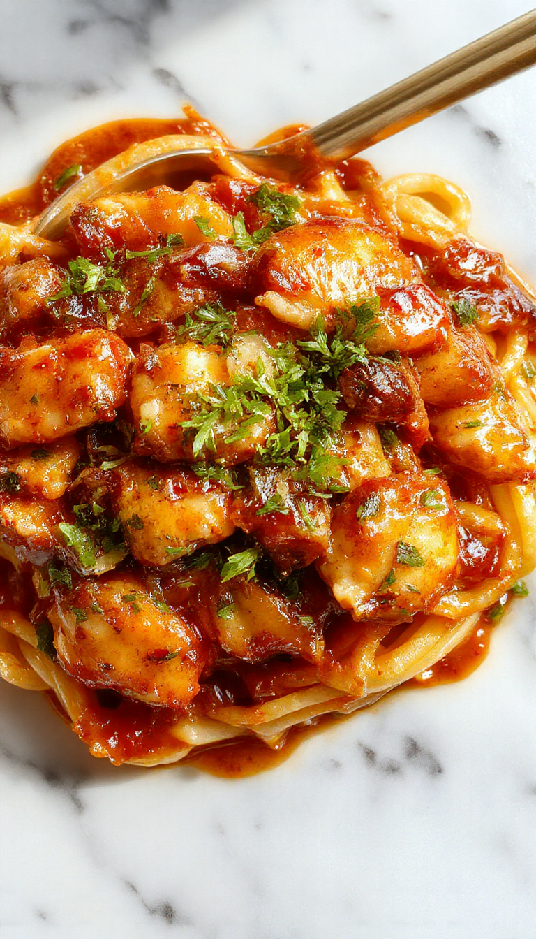 A vibrant bowl of sticky garlic chicken noodles with glossy caramelized chicken pieces and colorful vegetables on top, garnished with chopped green onions and sesame seeds, styled on a rustic wooden table with chopsticks beside the bowl.