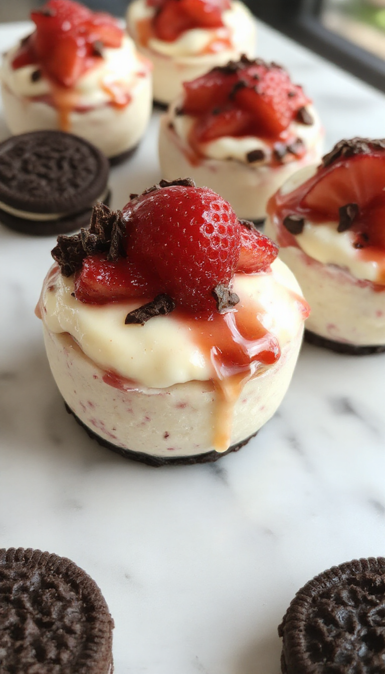 Colorful cheesecake cups topped with fresh sliced strawberries and crumbled Oreos, presented in clear glass cups on a rustic wooden table, with a golden crust visible and a creamy pink filling garnished with a mint leaf.