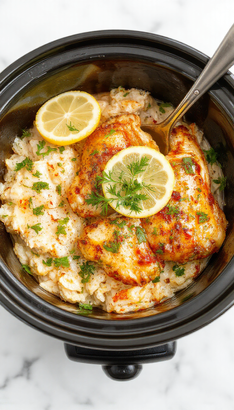 Colorful plated dish featuring tender shredded chicken coated in vibrant lemon herb sauce, resting atop fluffy white rice with fresh herbs and lemon slices garnishing, styled on an elegant white plate with a rustic wooden background.