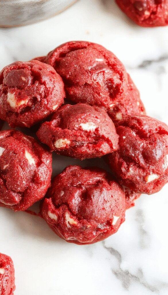 A close-up of gray and red no-bake red velvet cookie dough balls decorated with white chocolate drizzle on a decorative plate
