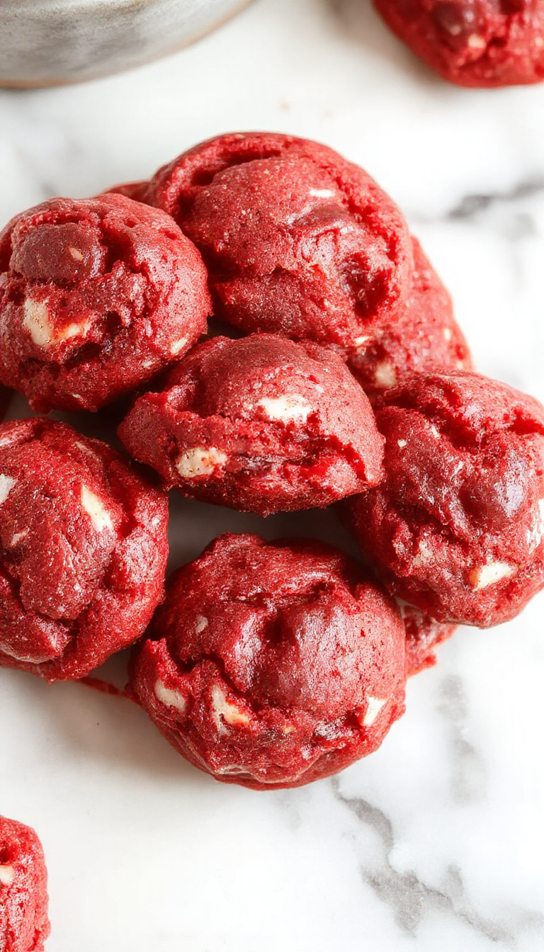 A close-up of gray and red no-bake red velvet cookie dough balls decorated with white chocolate drizzle on a decorative plate