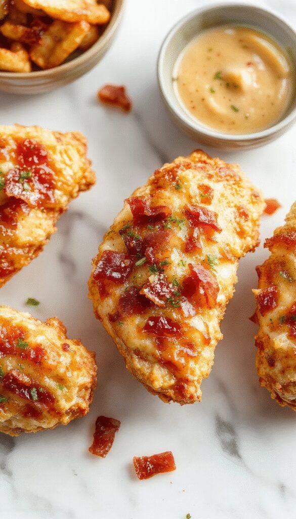 Colorful close-up of glazed chicken tenders coated in caramelized brown sugar and crispy bacon bits, plated on a rustic wooden surface with fresh herbs and a drizzle of sauce, highlighting textures and vibrant colors.