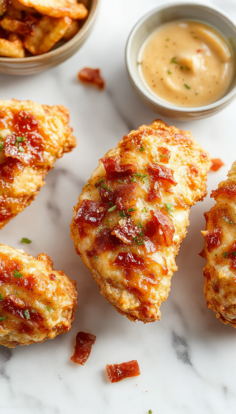 Colorful close-up of glazed chicken tenders coated in caramelized brown sugar and crispy bacon bits, plated on a rustic wooden surface with fresh herbs and a drizzle of sauce, highlighting textures and vibrant colors.