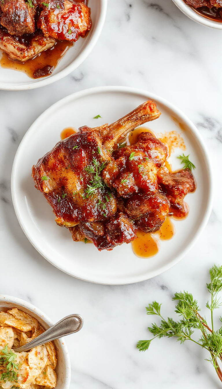 A vibrant image featuring perfectly cooked brown sugar glazed pork chops on a rustic wooden plate, garnished with fresh herbs and sliced seasonal vegetables, with a glossy sauce drizzled over the chops, set on a warm-toned kitchen table with natural daylight highlighting the textures.