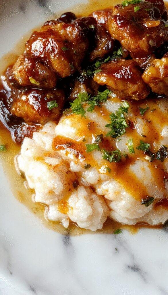 A close-up of caramelized soy chicken pieces glistening with a rich brown sauce, served over fluffy white rice. The chicken is garnished with chopped green onions and sesame seeds, with a side of aromatic garlic and ginger broth in a rustic bowl. The vibrant colors of the sauce contrast beautifully with the rice, showcasing textures from glossy and tender chicken to fluffy grains.