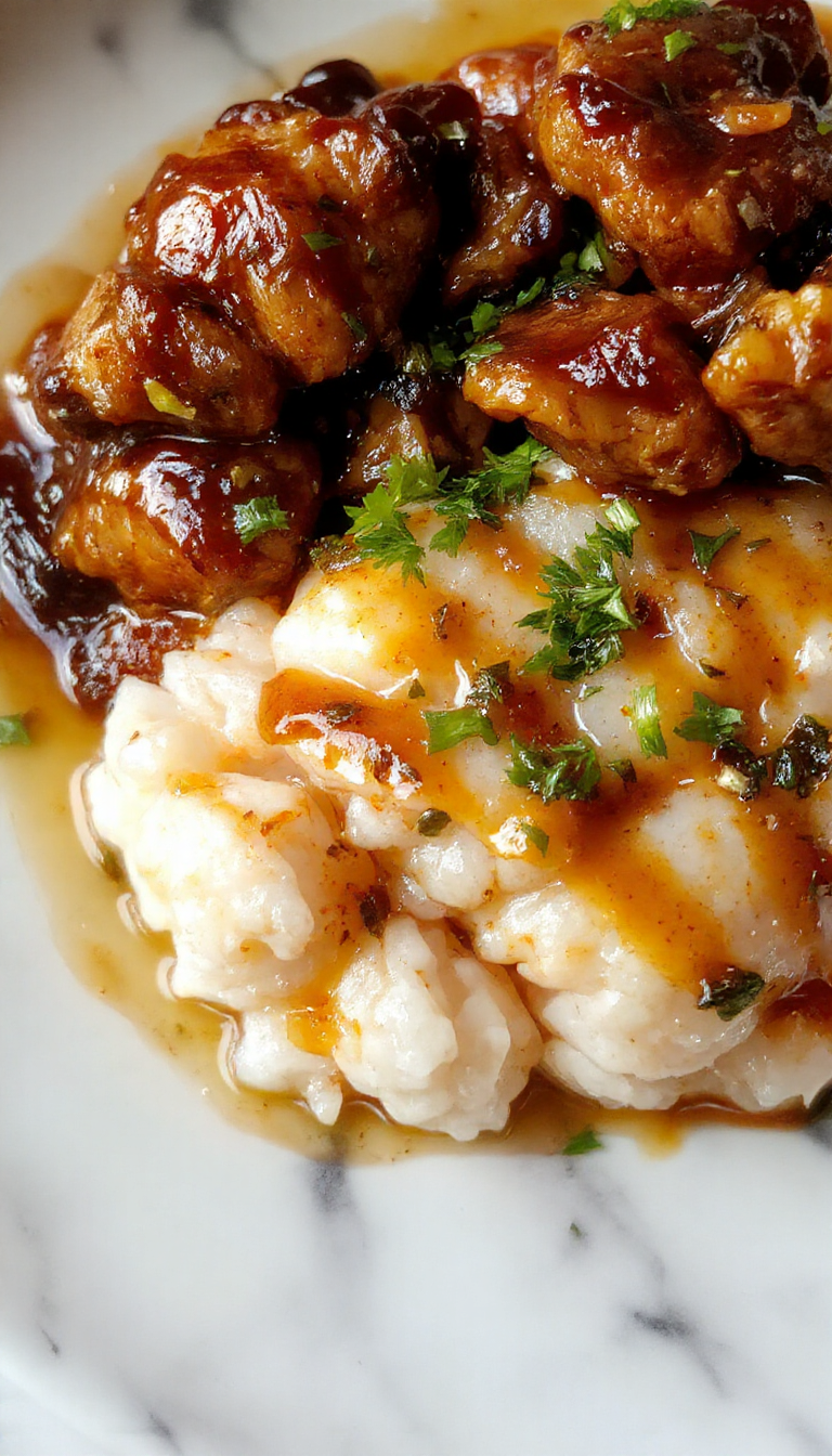 A close-up of caramelized soy chicken pieces glistening with a rich brown sauce, served over fluffy white rice. The chicken is garnished with chopped green onions and sesame seeds, with a side of aromatic garlic and ginger broth in a rustic bowl. The vibrant colors of the sauce contrast beautifully with the rice, showcasing textures from glossy and tender chicken to fluffy grains.