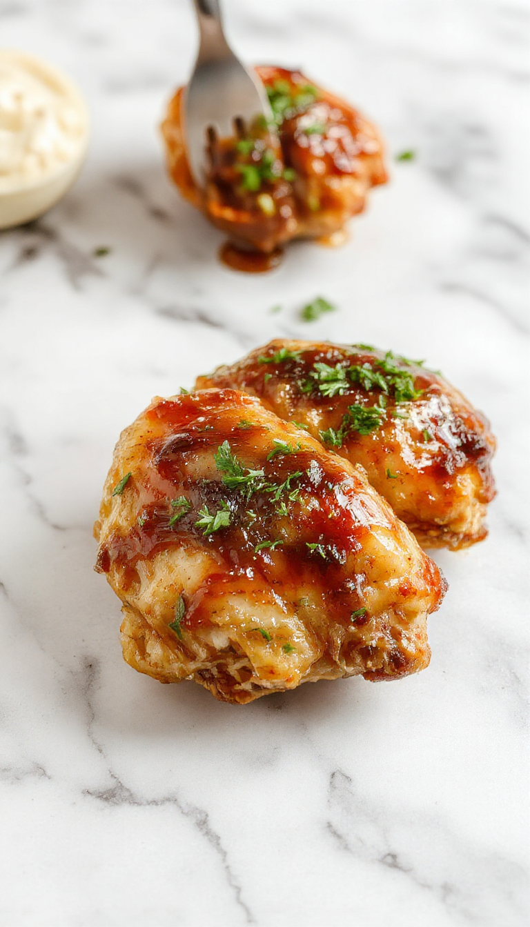 Colorful plate featuring glazed honey garlic chicken thighs with a golden-brown crispy exterior, topped with caramelized garlic slices and drizzled with glossy honey sauce, served alongside steamed greens and lemon wedges, styled on a rustic wooden table with vibrant lighting emphasizing the savory glaze and tender textures.