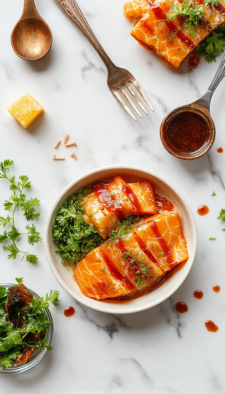 A vibrant bowl featuring grilled salmon glazed with shiny honey and fiery Sriracha, surrounded by colorful fresh vegetables like bell peppers and cucumbers, all plated neatly with sesame seeds sprinkled on top for texture and flavor.