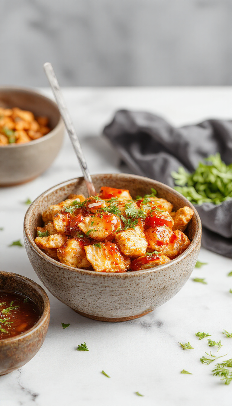 A vibrant chicken bowl featuring golden crispy chicken drizzled with glossy hot honey, garnished with fresh herbs, served alongside colorful roasted vegetables on a white ceramic plate with a rustic wooden table background
