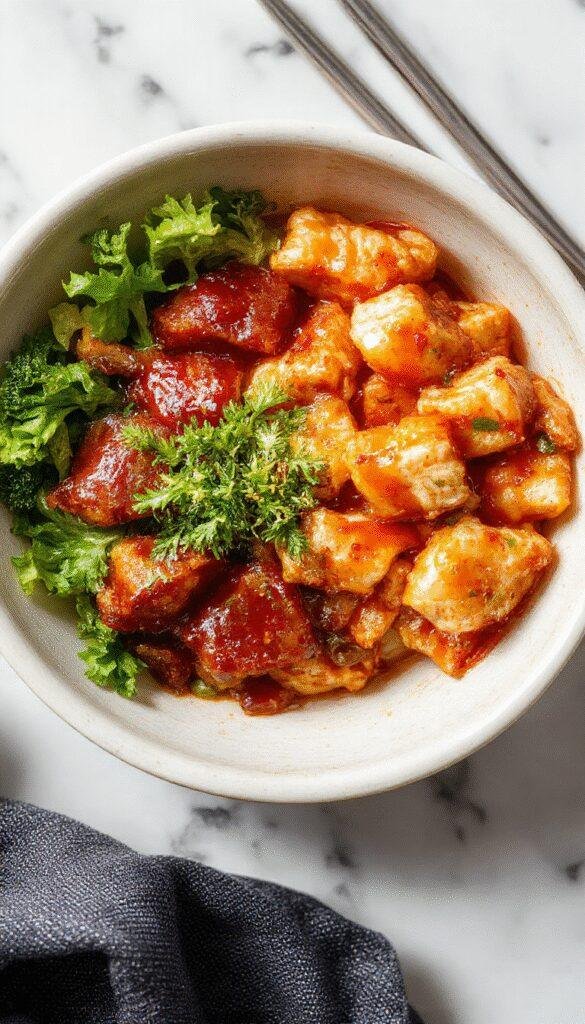 A vibrant chicken bowl featuring golden-brown fried chicken pieces drizzled with glossy honey-hot sauce, garnished with green herbs, served over a bed of colorful roasted vegetables and fluffy rice on a rustic wooden table.