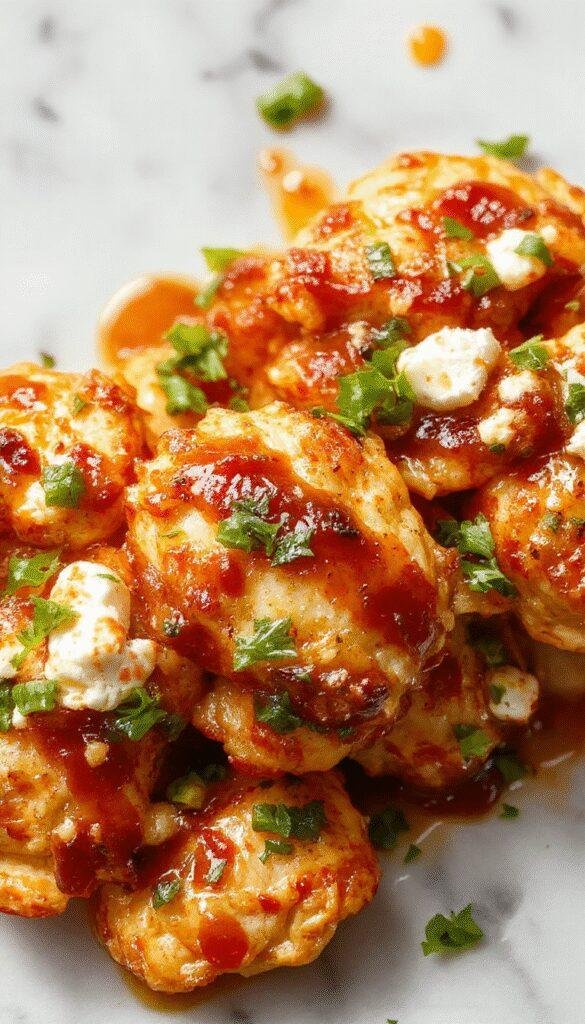 A close-up of a skillet with golden-brown grilled chicken topped with crumbled white feta cheese, drizzled with a glossy amber hot honey glaze, garnished with fresh herbs, all presented on a rustic wooden table with a vibrant summer background.
