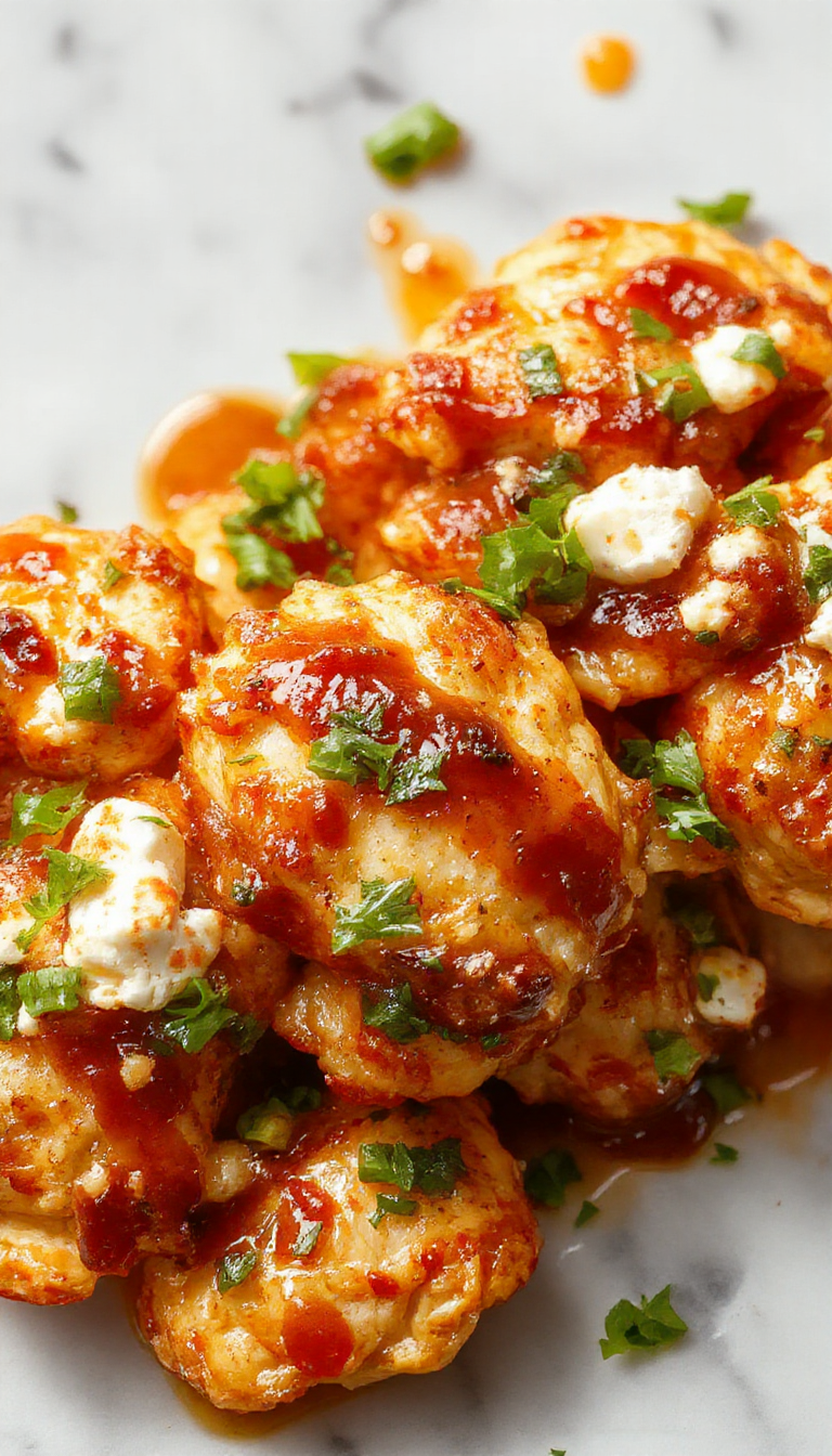 A close-up of a skillet with golden-brown grilled chicken topped with crumbled white feta cheese, drizzled with a glossy amber hot honey glaze, garnished with fresh herbs, all presented on a rustic wooden table with a vibrant summer background.