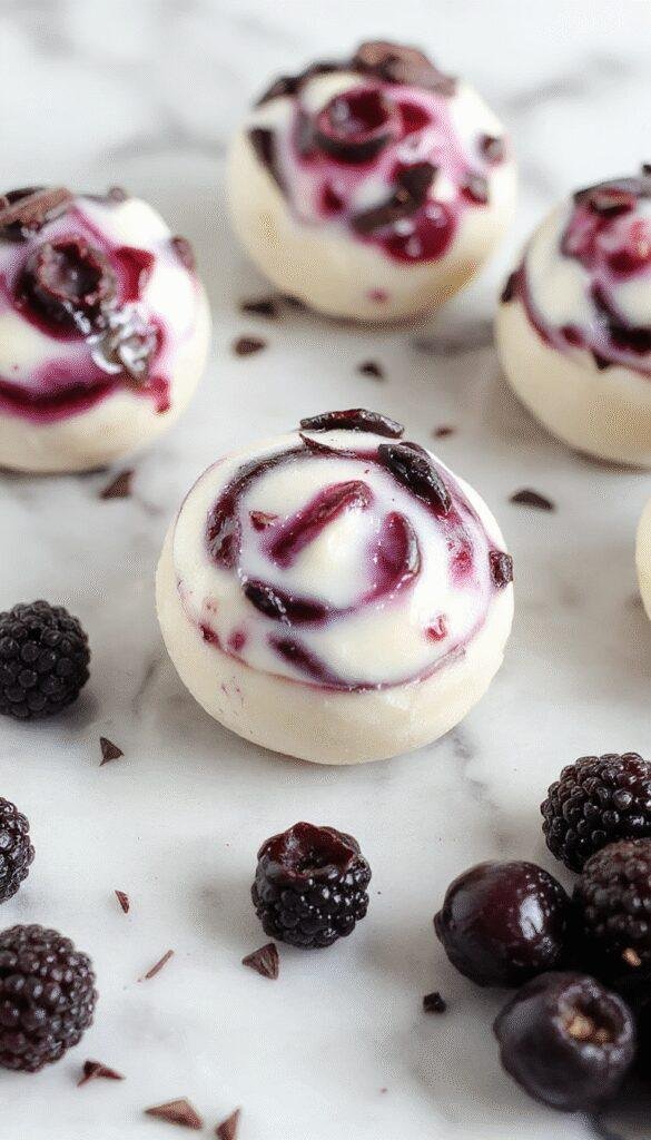 Colorful Swirled Blueberry Yogurt Bites arranged on a white plate, showcasing their vibrant blue, purple, and white swirls with fresh blueberries garnish.
