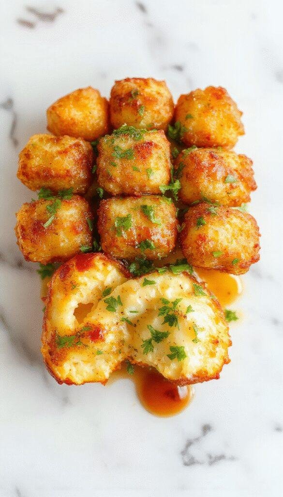 A delicious Tater Tot Bake in a casserole dish topped with crispy golden tater tots and melted cheese, garnished with fresh herbs.