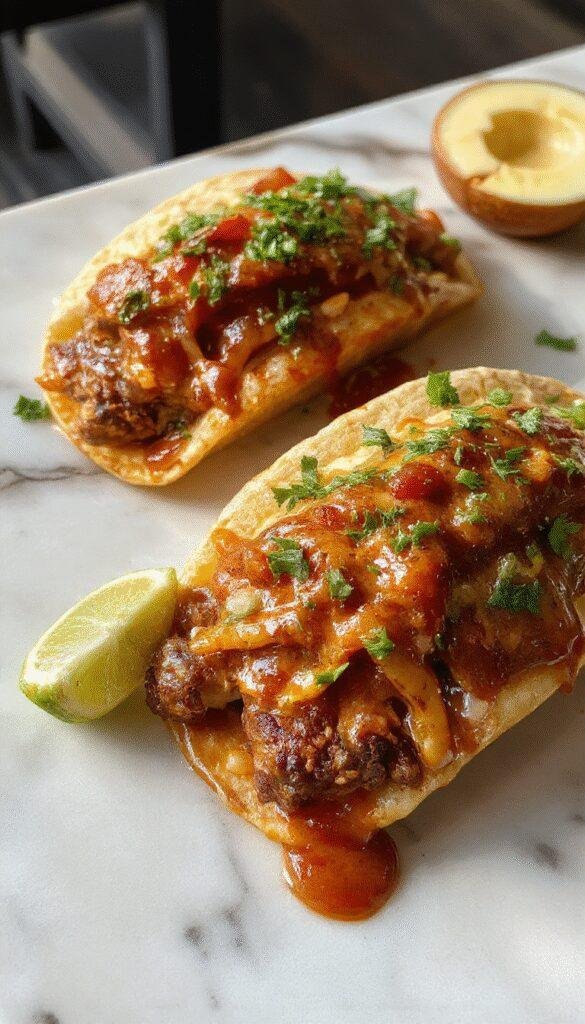 A plate of sizzling Birria Tacos filled with tender beef, topped with chopped onions and cilantro, served with a side of rich consommé.