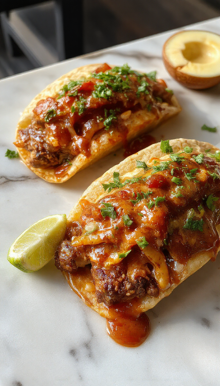 A plate of sizzling Birria Tacos filled with tender beef, topped with chopped onions and cilantro, served with a side of rich consommé.
