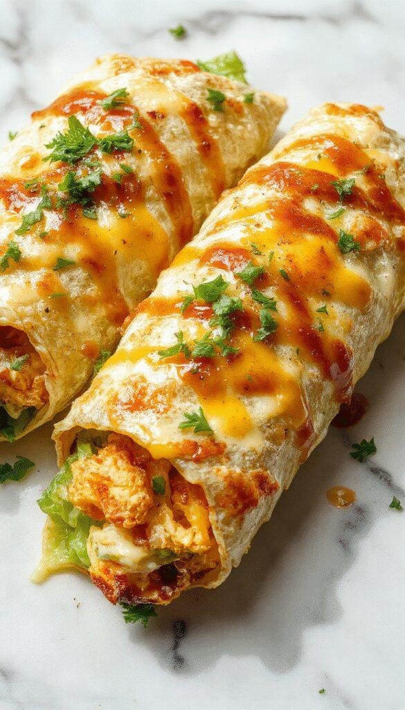 Golden cheesy garlic chicken wraps filled with melted cheese, crispy chicken pieces, and fresh greens, garnished with herbs on a white plate.