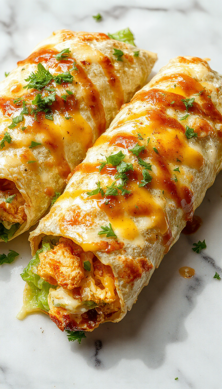 Golden cheesy garlic chicken wraps filled with melted cheese, crispy chicken pieces, and fresh greens, garnished with herbs on a white plate.