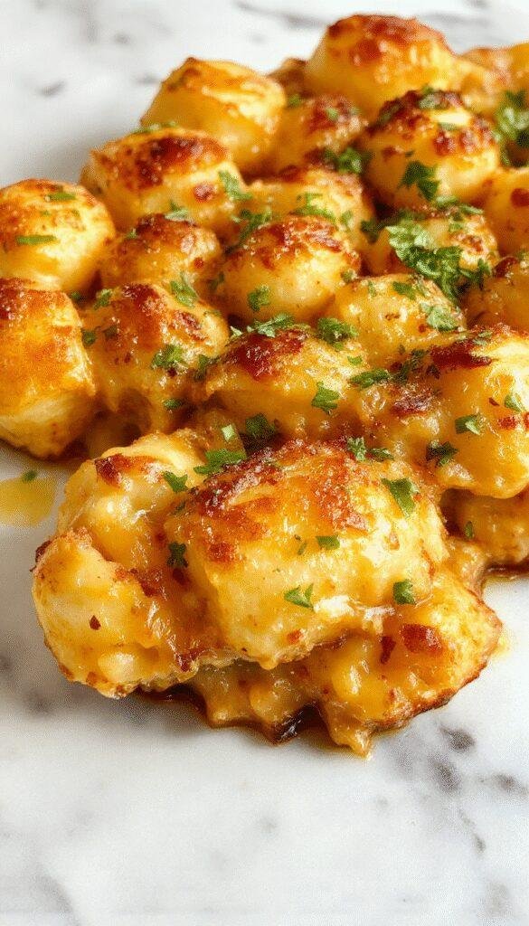 A hot, cheesy Tater Tot Bake served in a bubbling casserole dish, topped with crispy tater tots and melted cheese, garnished with fresh herbs.