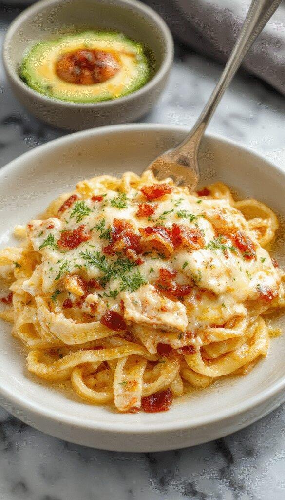 A close-up of creamy chicken bacon ranch pasta served on a white plate, garnished with fresh herbs and a sprinkle of cheese.