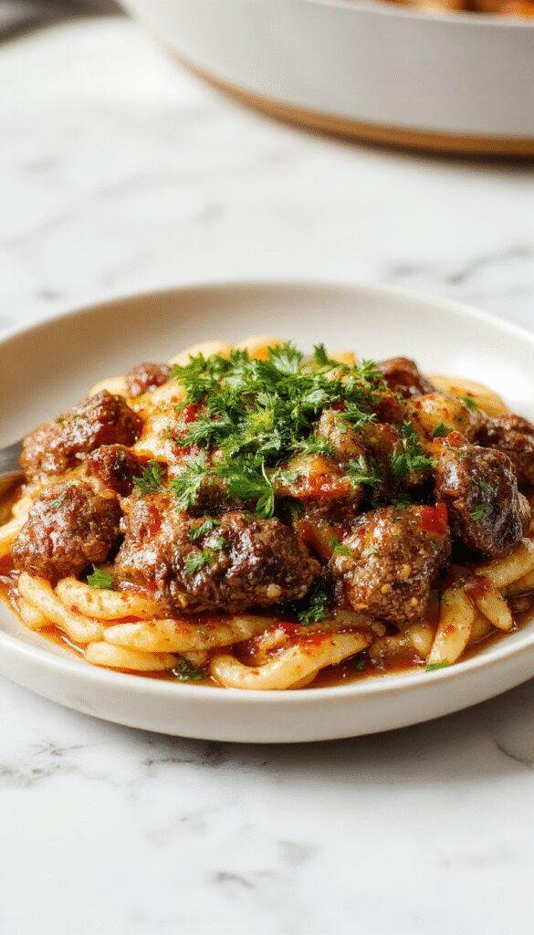 A steaming, hearty beef and orzo bake in a rustic casserole dish topped with melted cheese, garnished with fresh herbs.