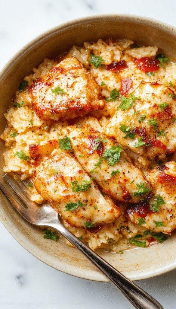 A colorful plate of the Ultimate One-Pan Chicken & Rice featuring tender chicken pieces, fluffy rice, and vibrant vegetables all cooked together in a single pan.