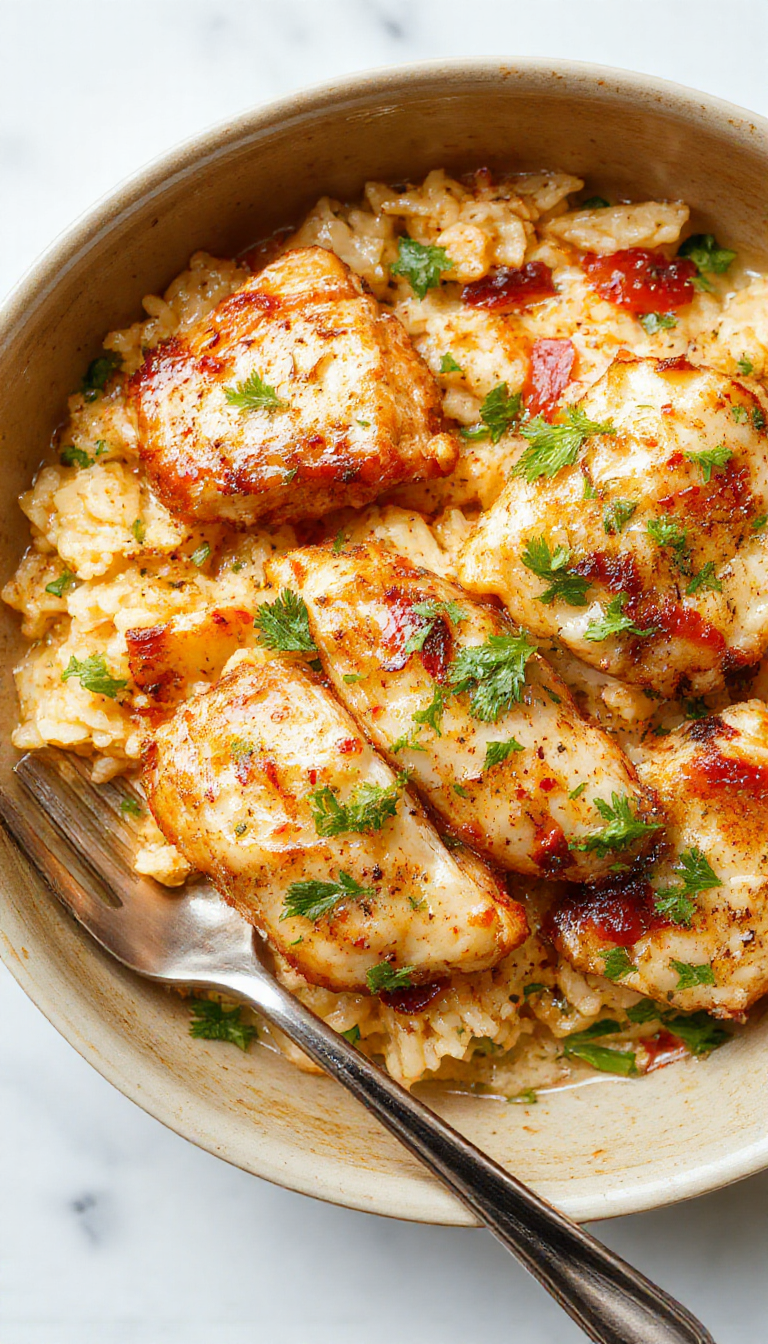 A colorful plate of the Ultimate One-Pan Chicken & Rice featuring tender chicken pieces, fluffy rice, and vibrant vegetables all cooked together in a single pan.
