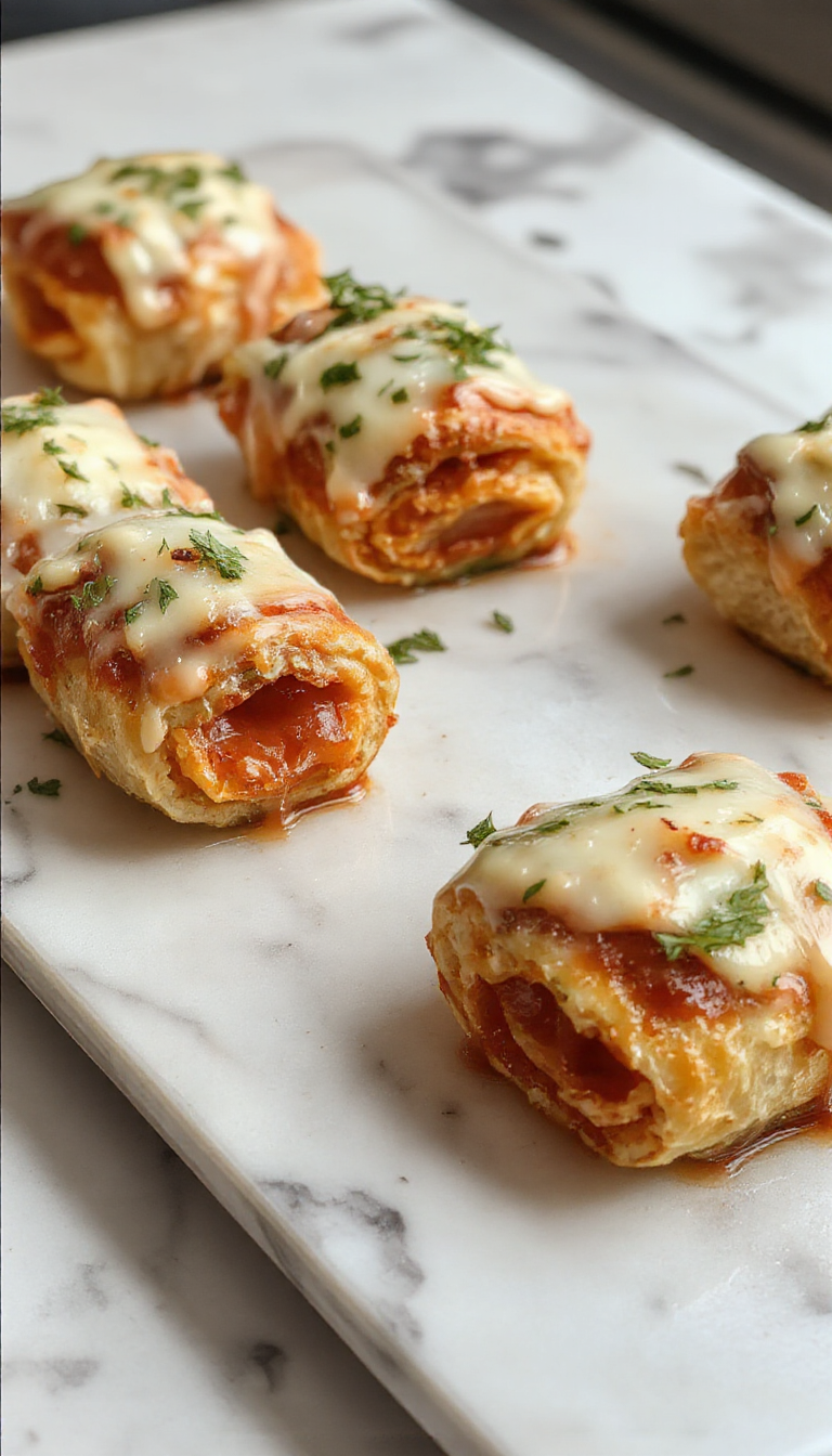 Close-up of golden baked protein pepperoni pizza rolls filled with melted cheese and pepperoni slices, arranged on a platter.